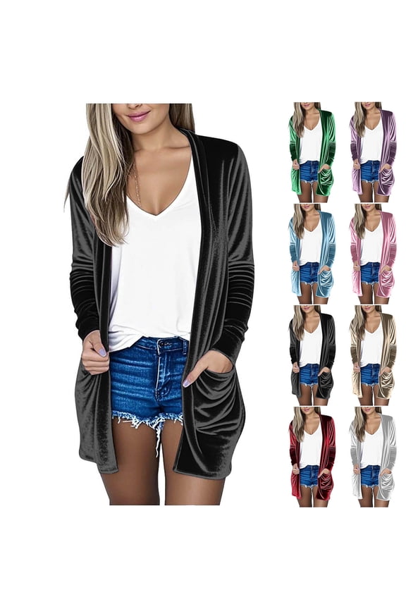 Velvet Cardigan for Women Dressy Long Sleeve Open Front Cardigans Fall Vintage Duster Jackets Lightweight Outerwear with Pockets Khaki S