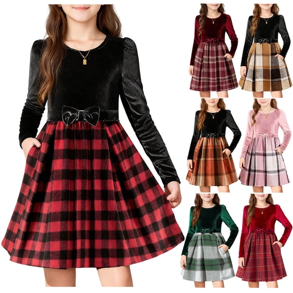 Feancey Velvet Dresses for Girls Long Sleeve Bow Waist Swing Dress Christmas Plaid Patchwork Party Dresses Soft Cute A-Line Dress Brown 140