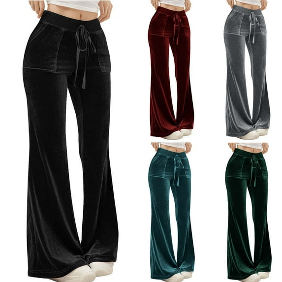 Feancey Velvet Flare Pants for Women Drawstring High Waisted Bootcut Pants Dressy Elegant Evening Party Pants Soft Cozy Velour Trousers Holiday Gifts Navy L