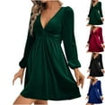 thumbnail image 1 of Feancey Velvet Mini Dresses for Women Front Twist Deep V Neck A-Line Dress Long Sleeve High Waisted Cocktail Party Dresses Green M, 1 of 4
