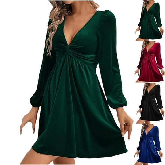 Feancey Velvet Mini Dresses for Women Front Twist Deep V Neck A-Line Dress Long Sleeve High Waisted Cocktail Party Dresses Red M