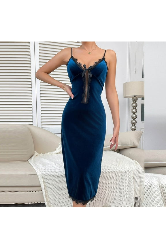 Velvet Night Dress for Women Lace Nightgowns Deep V Lingerie Nightdress Hollow High Waist Sleeveless Cami Sleepwear Holiday Sales Today Clearance Blue L