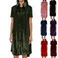 thumbnail image 1 of Feancey Velvet Shirt Dress for Women Lapel Button Down Short Sleeve Midi Dresses Summer Casual Loose Velour Dress Solid Color House Dresses Watermelon Red M, 1 of 7
