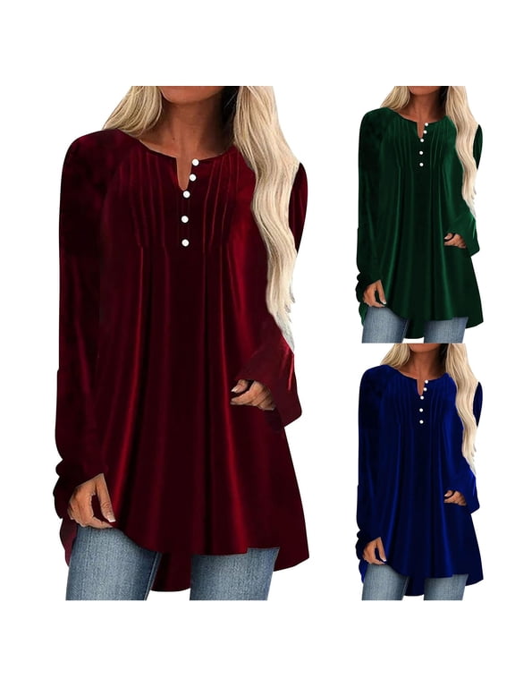 Velvet Tunic Tops for Women Plus Size Casual Button V Neck Blouse Loose Fit Pleated Long Sleeve Velour T Shirts Solid Pullover Tee Limited Time Deal Blue XXL