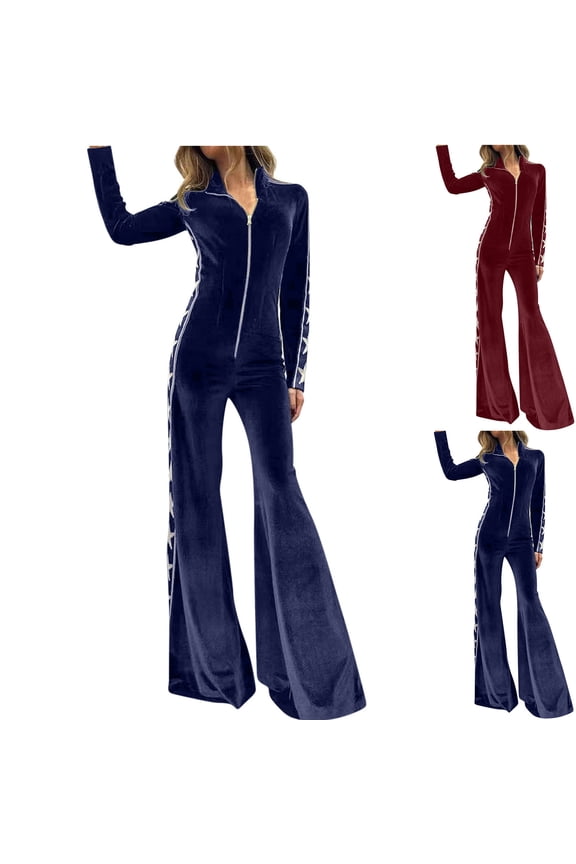 Velvet Wide Leg Jumpsuits for Women Zipper Front Casual Onesies Slim Fit Flare Pants Romper Bell Bottom One Piece Jumpsuit Blue M