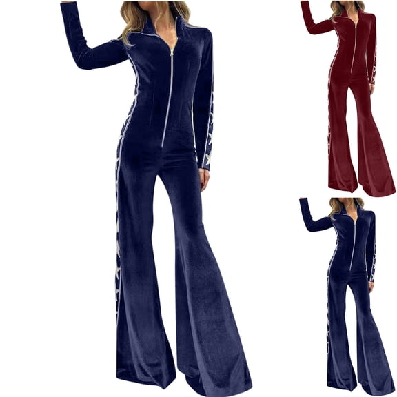 Feancey Velvet Wide Leg Jumpsuits for Women Zipper Front Casual Onesies Slim Fit Flare Pants Romper Bell Bottom One Piece Jumpsuit Red S