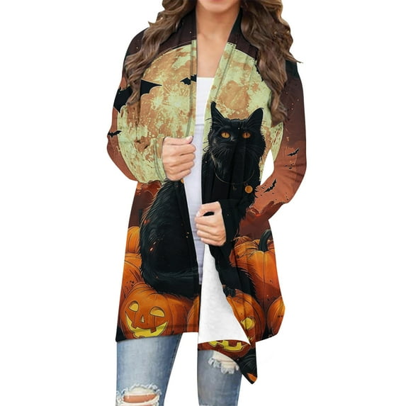 Feancey Vintage Cardigans for Women Open Front Casual Plus Size Cardigan Halloween Printed Long Sleeve Kimono Jacket Lightweight Shawls Multicolor L