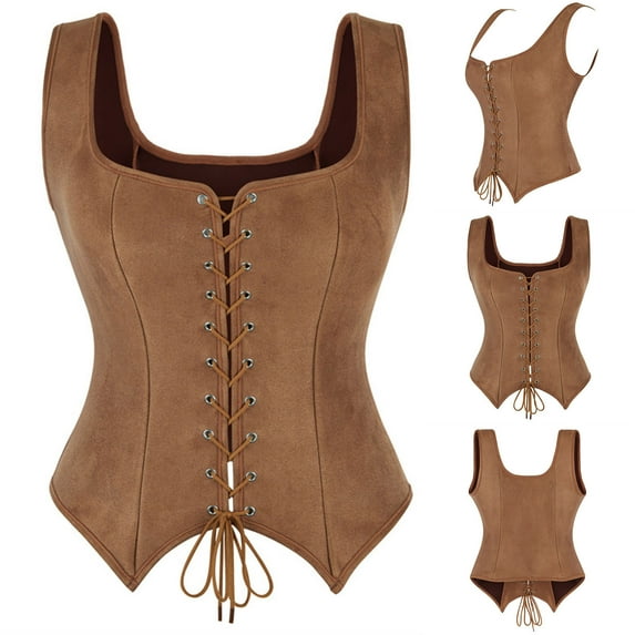 Feancey Vintage Corset Tops for Women Western Cowgirl Lace Up Bustiers Halloween Cosplay Costume Pirate Tank Top Solid Color Peasant Bustier Shaperwear Brown XS