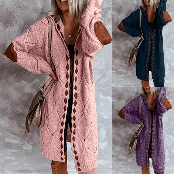 Feancey Vintage Long Cardigans for Women Hooded Casual Cable Knit Cardigan Sweaters Elbow Patch Long Sleeve Knitted Sweater Coats with Pockets Holiday Gifts Navy S
