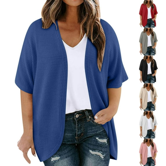 Feancey Waffle Knit Cardigans for Women Trendy Plus Size Cardigan Jackets Summer Short Sleeve Open Front Knitted Jacket Black 3XL