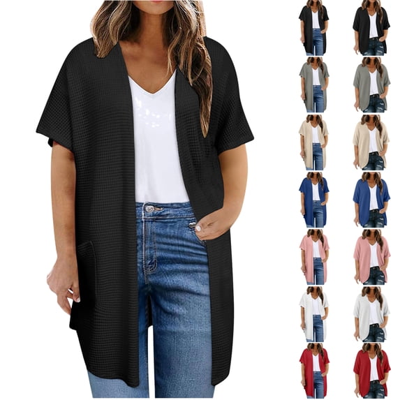 Feancey Waffle Knit Cardigans for Women Trendy Plus Size Cardigan Jackets Summer Short Sleeve Open Front Knitted Jacket Gray 4XL