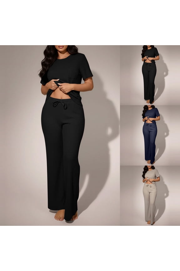 Waffle Knit Lounge Set Women Short Sleeve Slim Fit Tops Drawstring Straight Wide Leg Pants Sets Cozy Soft Travel Outfits Black M