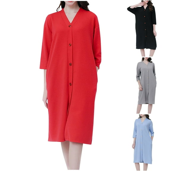 Feancey Waffle Knit Robes for Women Long Casual Button Down 3/4 Sleeve Nightgowns Solid Color Soft Bathrobes Comfy Loose Ladies Sleepwear Gray M
