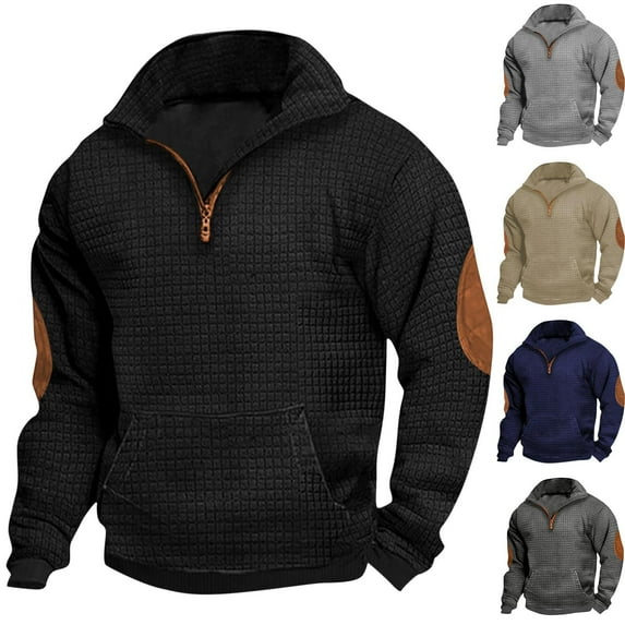 Feancey Waffle Knit Sweatshirt Men Half Zip Stand Collar Knitted Pullover Elbow Patched Long Sleeve Vintage Sweatshirts Cowboy Winter Tops Black L