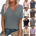 thumbnail image 1 of Feancey Waffle Knit Tops for Women Roll Up Short Sleeve V Neck T-Shirts Business Casual Fitted Blouses Solid Color Textured Cute Tees Pink XXL, 1 of 9
