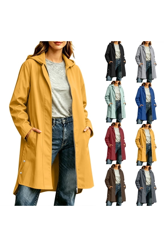 Waterproof Rain Coats for Women Hooded Mid Length Windbreaker Side Slit Full Zip Trench Coat Fall Fashion Lightweight Rain Jackets with Pockets Green M
