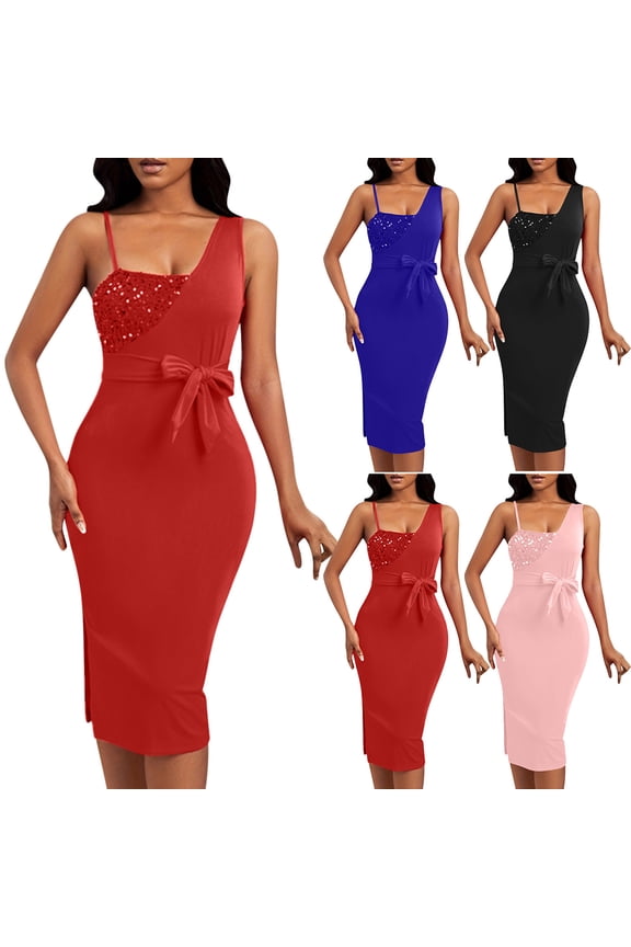 Wedding Guest Dresses for Women One Shoulder Sequin Party Dress Side Split Tie Waist Midi Dresses Elegant Evening Party Bodycon Dress Red XXL