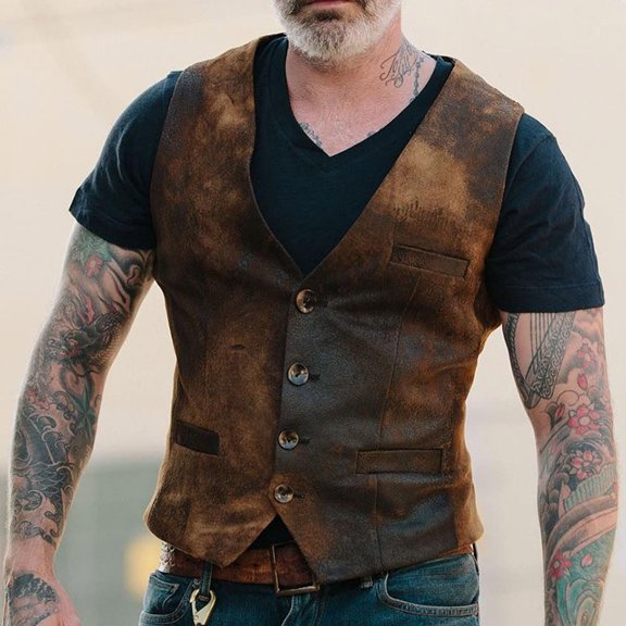 Feancey Weekly sale 2025 Mens Vintage Wool Blend Herringbone Tweed Leather Suit Vests Western Cowboy Slim Fit Grooms Dress Vest Waistcoats