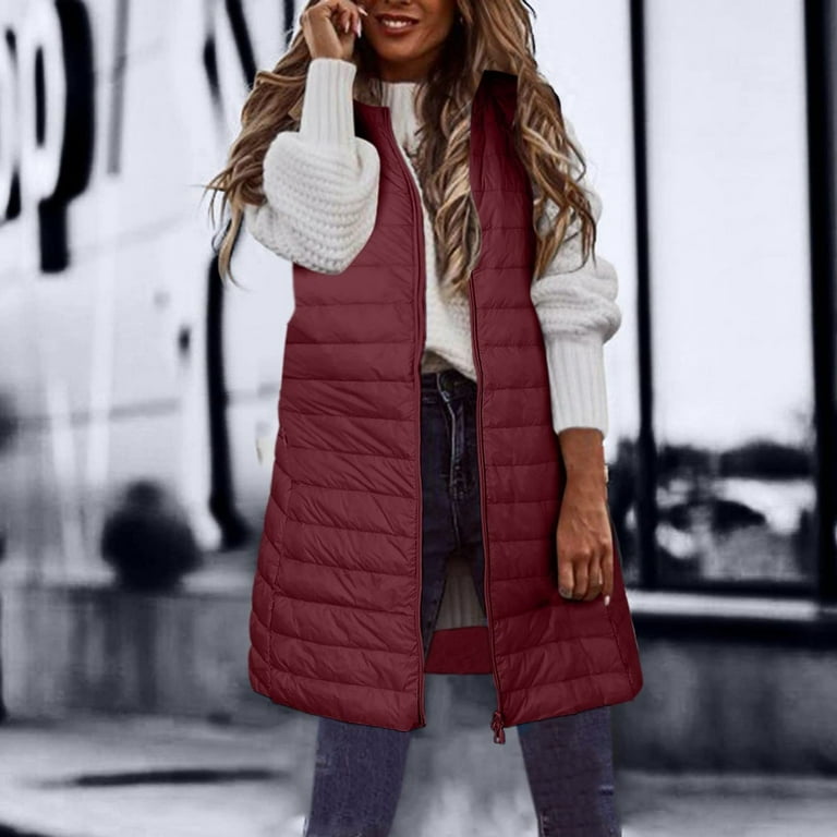 Feancey Weekly Deals 2023 Puffer Vest Women Plus Size Winter Warm Slim Zipper Coats Sleeveless Hooded Jacket Outdoor Quilted Long Down Vest