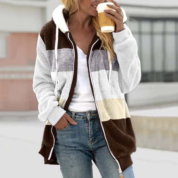 Feancey Women Fuzzy Hoodie Zip Up Fleece Jacket Plus Size Long Sleeve Colorblock Sweatshirt Oversized Fluffy Coat Fall Winter Outerwear