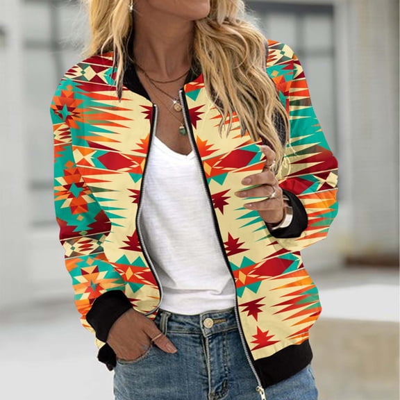 Feancey Western Aztec Jackets for Women Vintage Ethnic Printed Bomber Jacket Full Zip Lightweight Windbreaker Fall Outerwear with Pockets Multicolor M
