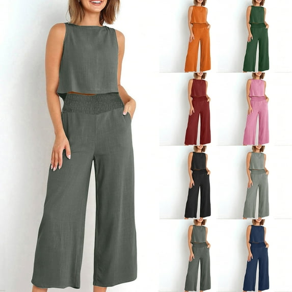 Feancey Wide Leg 2 Piece Sets for Women Cotton Linen Casual Lounge Set Sleeveless Tank Top and Palazzo Pants Two Piece Outfits Dark Gray S