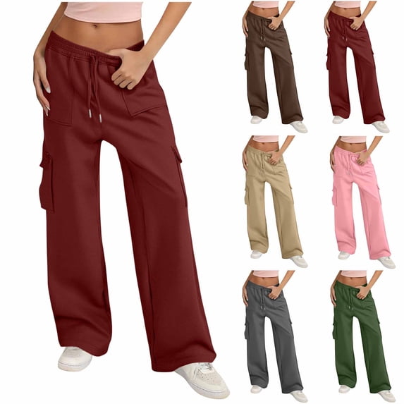 Feancey Wide Leg Athletic Pants for Women Baggy Cargo Sweatpants Fall Fleece Jogger Pants Solid Color Loose Workout Trousers with Pockets Brown M