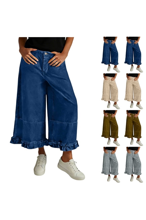 Wide Leg Cropped Jeans for Women Ruffled Hem Baggy Denim Pants Ankle Length Casual Work Capris Mid Rise Flowy Palazzo Trousers with Pockets Light Blue L
