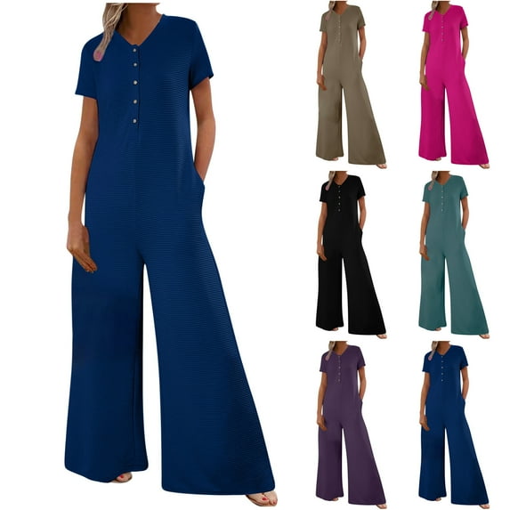 Feancey Wide Leg Jumpsuit for Women Dressy Casual Short Sleeve Button Rompers Solid Color Loose Playsuits Summer Beach Vacation One Piece Jumpsuits with Pockets Purple XL