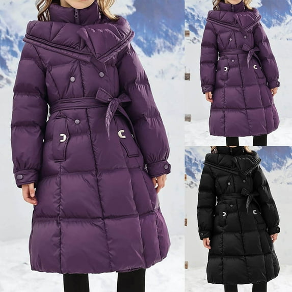 Feancey Winter Coats for Girls Trendy Long Puffer Jacket Full Zip Hooded Down Coat Padded Warm Parka Jackets Teen Girl Windproof Outerwear with Pockets Black 7-8Years