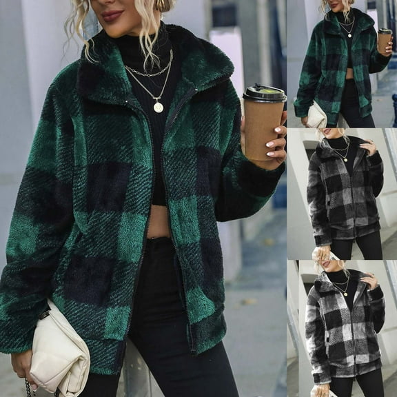 Feancey Winter Coats for Women Sherpa Fleece Plaid Jackets Full Zip Stand Collar Overcoat Dressy Casual Business Work Jacket Trench Coat White L