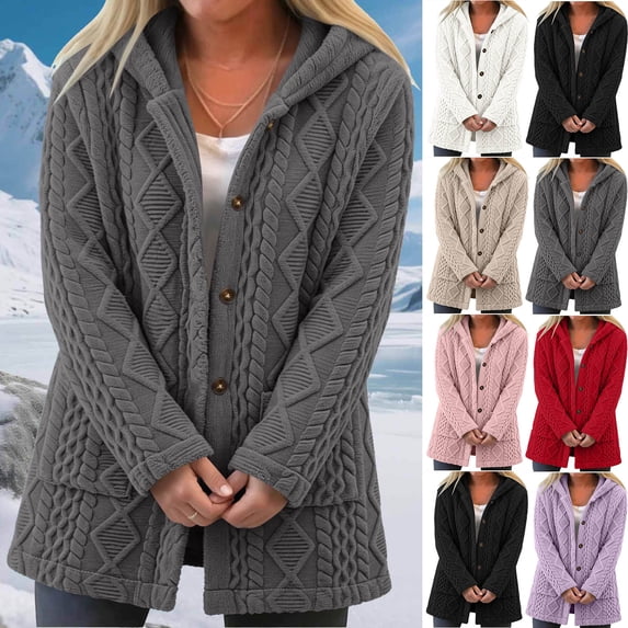 Feancey Winter Sherpa Coats for Women Textured Fuzzy Fleece Hooded Jackets Button Front Casual Thicken Warm Outerwear with Pockets White M