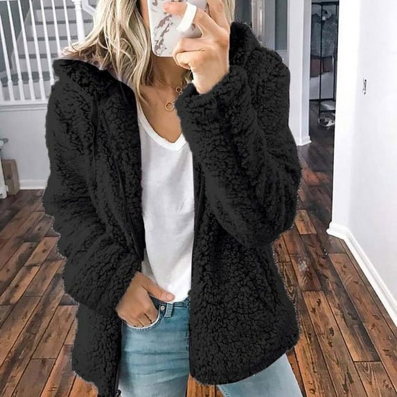 Feancey Winter Sherpa Jackets for Women,Plus Size Womens Fall Fleece Jackets Solid Color Long Sleeve Fuzzy Shaggy Teddy Coats Zip Up Casual Jacket Outerwear with Pockets