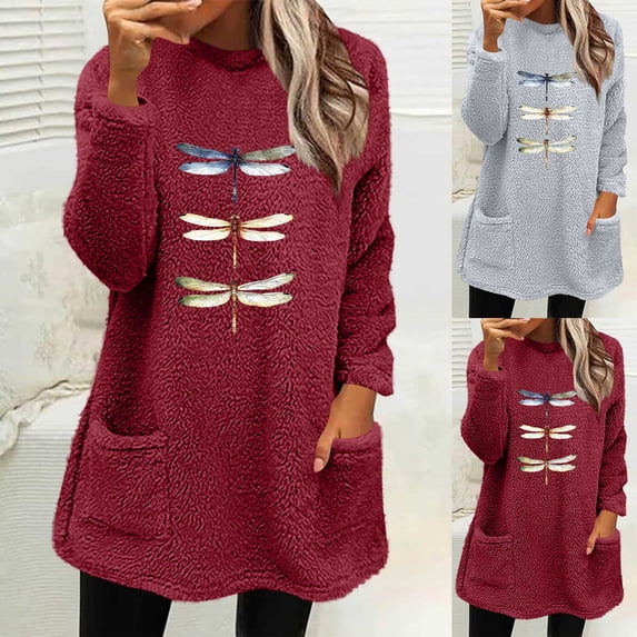 Feancey Winter Sweatshirts for Women Trendy Print Crewneck Pajamas Fleece Long Sleeve Pullover Tops Loose Fit Casual Thermal Underwear with Pockets Wine M