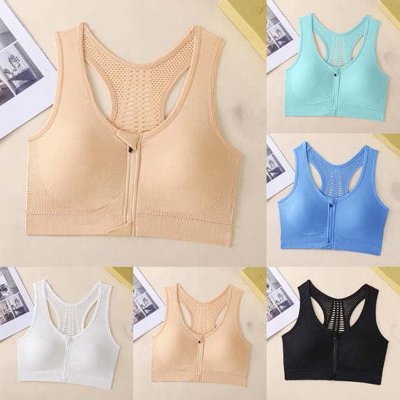 Feancey Wireless Sports Bras for Women Mesh Racerback Yoga Bra Zipper Front Closure Workout Bras Breathable Hollow Out Workout Bra White M