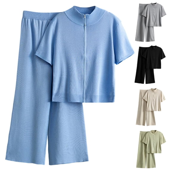 Feancey Women 2 Piece Sweater Set Cozy Lounge Pajama Sets Zip Up Mock Neck Short Sleeve Shirts and Wide Leg Pants Two Piece Fall Outfits Beige Free Size