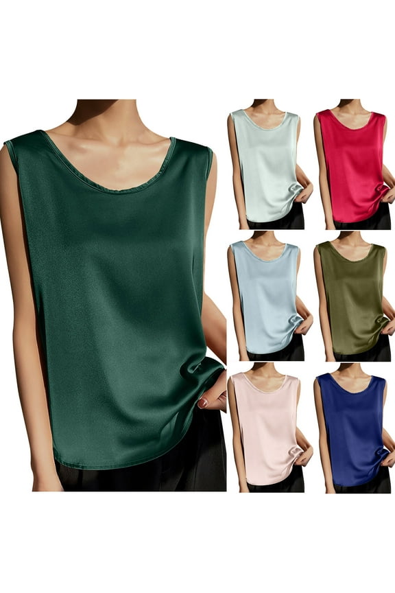 Women Silk Satin Tank Tops Summer Round Neck Sleeveless Blouse Dressy Casual Loose Tank Shirts Holiday Gifts Navy XXL