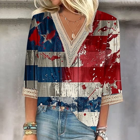 Feancey Women 3/4 Sleeve Tops American Flag Distressed Print Shirts Lace V Neck Casual Plus Size Blouses 2025 Memorial Day Patriotic Shirt Flash On Sale,Red,M