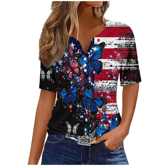 Feancey Women American Flag Tops Summer Short Sleeve Henley Shirts 4th of July Butterfly Striped Print Buttons Tunic Blouses V-neck Casual Distressed Patriotic Tshirts