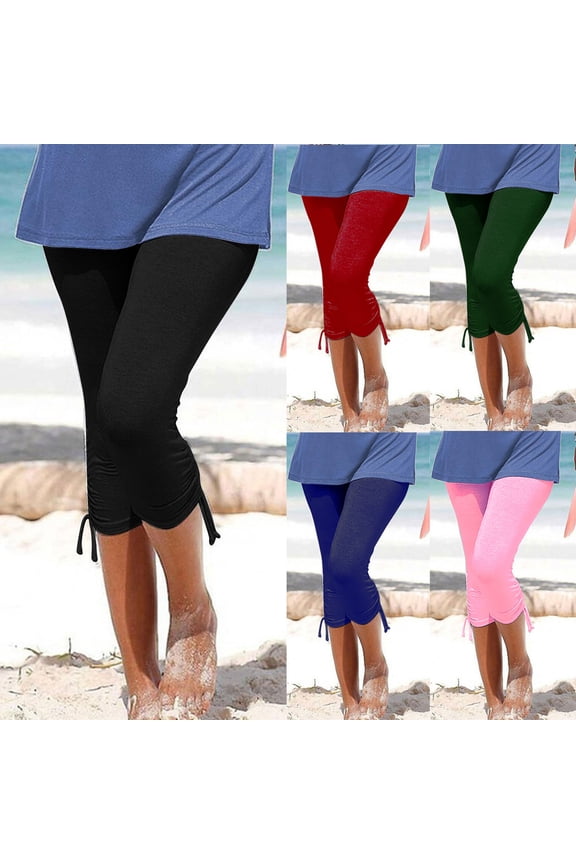 Women Capri Pants Summer Beach Swim Trunks Casual Drawstring Bottom Cropped Pants Stretchy Slim Fit Yoga Capris Swimwear Black XXL