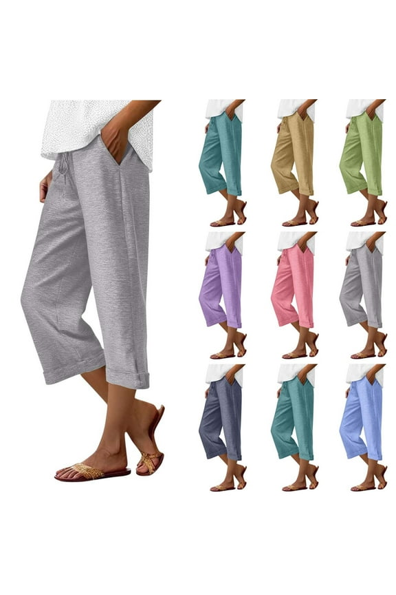 Women Capris for Summer Loose Fit Straight Leg Capri Pants Loose Fit Drawstring Elastic Waist Cropped Pants Solid Casual Pull On Pants with Pockets Pink L