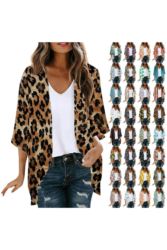Feancey Women Chiffon Kimono Cardigan Short Sleeve Open Front Tops Beach Wear Cover Up Clearance Sales Today! Multicolor XXL