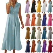FEANCEY Shirt Dresses for Women 2025 Summer Cotton Linen Tunic Dress Sleeveless Lapel Button Down Maxi Dresses Flowy Beach Sundress Purple XXL