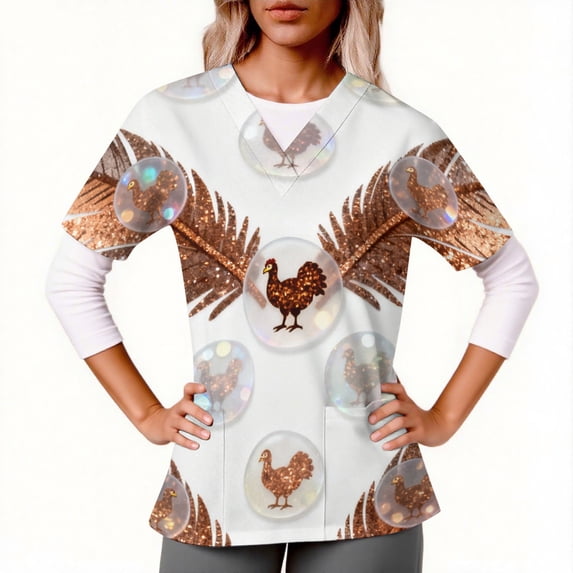 Feancey Women Festival Scrub Tops Short Sleeve Thanksgiving Scrubs Funny Turkey Printed V Neck T-Shirts Fall Harvest Graphic Tees with Pockets XL