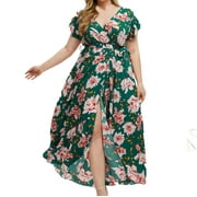 Feancey Women Floral Print Maxi Dress,Plus Size Dresses for Women 2024 Trendy Slit Short Sleeve Loose Dress Flowy Casual Vacation Long Dress