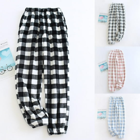 Feancey Women Fluffy Pants Winter Flannel Pajama Bottoms Soft Comfy Plush Joggers Elastic Cuffs Casual Plaid Fleece Sleep Pants with Pockets Blue XL