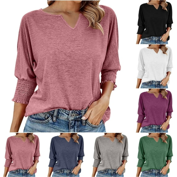 Feancey Women Half Sleeve Tops V Neck Casual Business Work Blouse Loose Fit Dressy Smocked Cuffs Tunic Shirt Fall Fashion Clothes Gray M