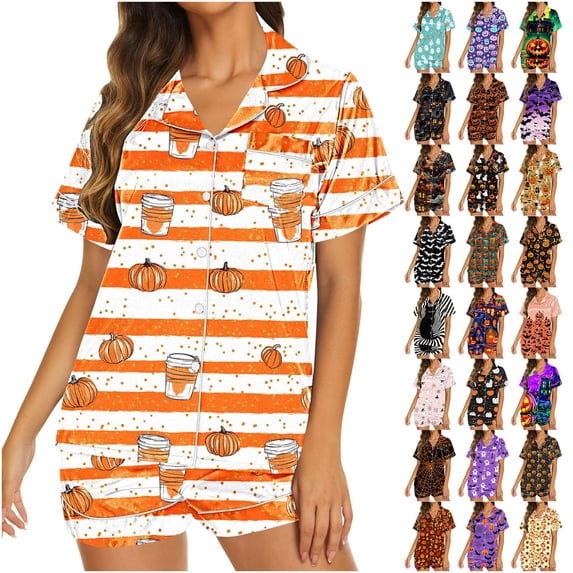 Feancey Women Halloween Pajama Set Short Sleeve Button Down Pjs and Elastic Waist Shorts Matching Sets Vintage Black Cat Print Loungewear Outfit Multicolor XL