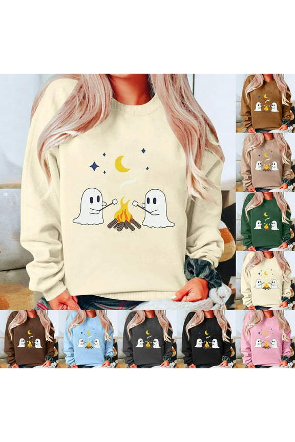 Women Halloween Sweatshirt Holiday Casual Spooky Season Sweatshirts Teen Girl Long Sleeve Crewneck Pullovers Funny Ghost Cute Tops Army Green XL