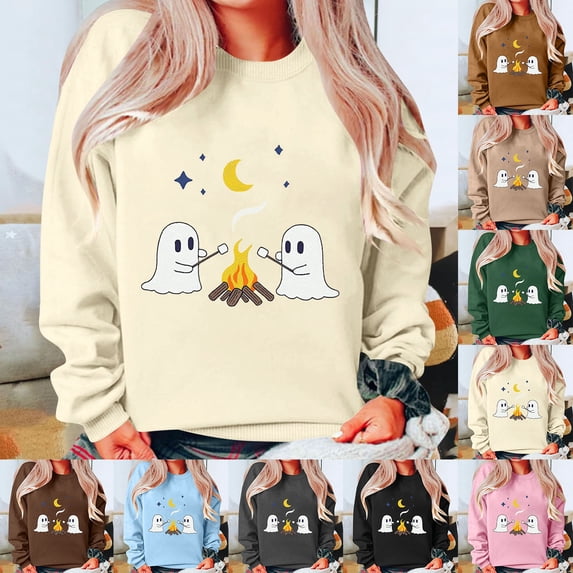 Feancey Women Halloween Sweatshirt Holiday Casual Spooky Season Sweatshirts Teen Girl Long Sleeve Crewneck Pullovers Funny Ghost Cute Tops Coffee XXL